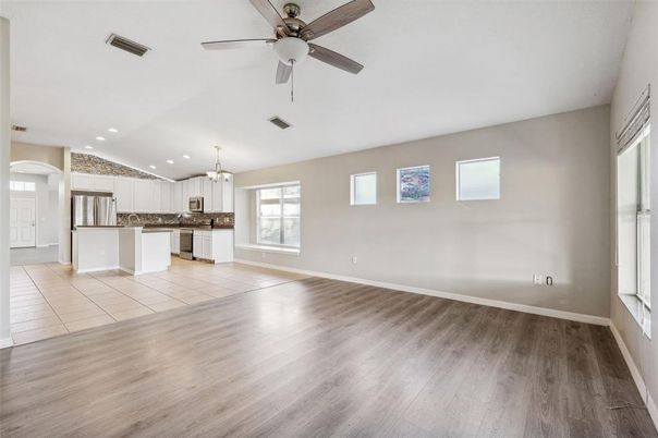 Chandelier, Empty room, Interior, Kitchen, Recessed Lighting, Wood Texture Flooring