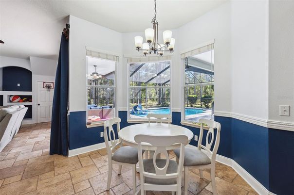 Chandelier, Dining room, Interior, Pool, Sun Room