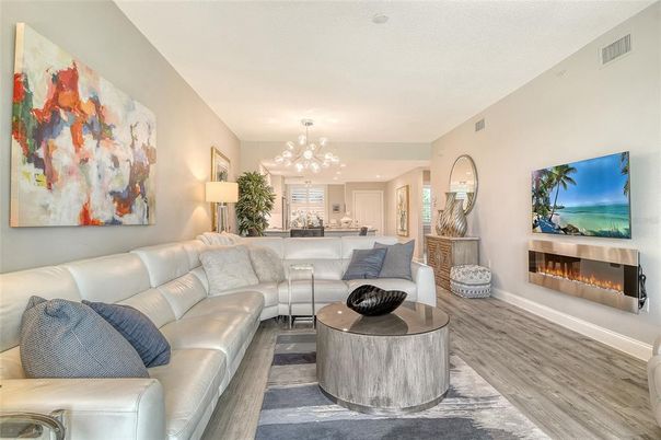 Chandelier, Fireplace, Interior, Kitchen, Living room, Pendant Lights, Wood Texture Flooring