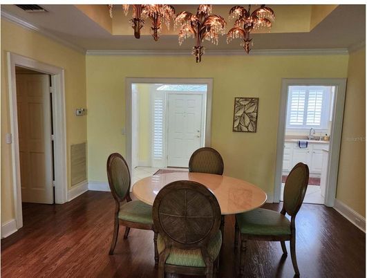 Chandelier, Dining room, Interior, Wood Texture Flooring