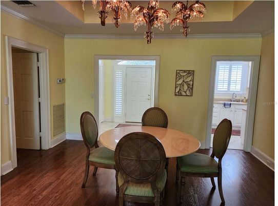 Chandelier, Dining room, Interior, Wood Texture Flooring