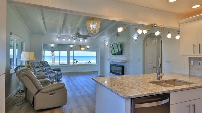 Fireplace, Interior, Kitchen, Living room, Recessed Lighting, Wood Texture Flooring