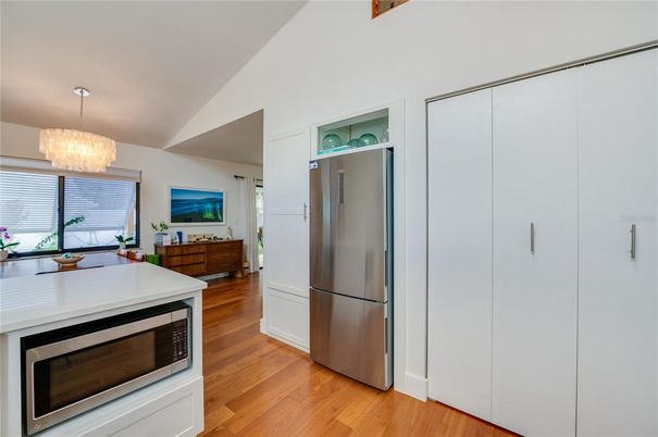 Chandelier, Interior, Kitchen, Stainless Steel Appliances, Wood Texture Flooring