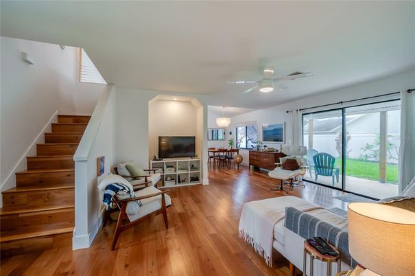 Dining room, Interior, Living room, Pendant Lights, Wood Texture Flooring