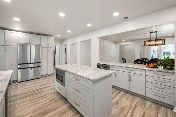 Interior, Kitchen, Pendant Lights, Recessed Lighting, Wood Texture Flooring