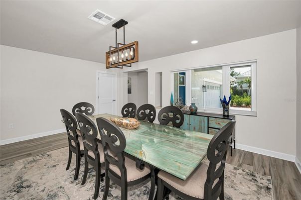 Dining room, Interior, Pendant Lights, Recessed Lighting, Wood Texture Flooring