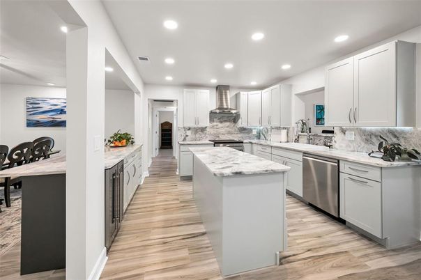 Interior, Kitchen, Recessed Lighting, Stainless Steel Appliances, Wood Texture Flooring