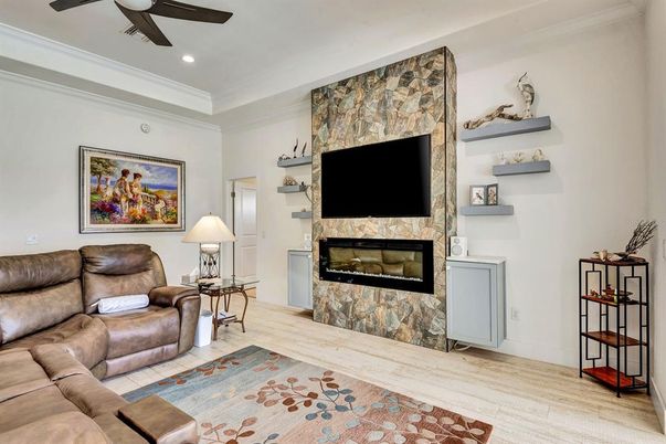 Fireplace, Interior, Living room, Recessed Lighting, Wood Texture Flooring