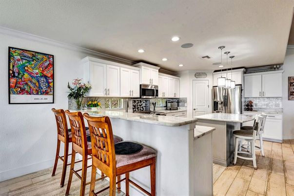 Interior, Kitchen, Pendant Lights, Recessed Lighting, Stainless Steel Appliances, Wood Texture Flooring