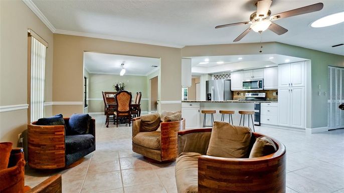 Dining room, Interior, Kitchen, Living room, Recessed Lighting, Stainless Steel Appliances