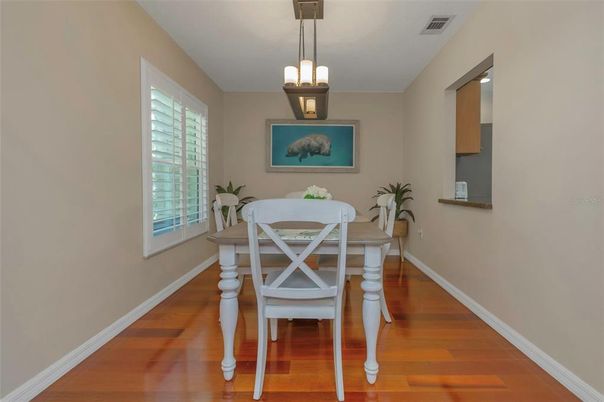 Dining room, Interior, Pendant Lights, Wood Texture Flooring
