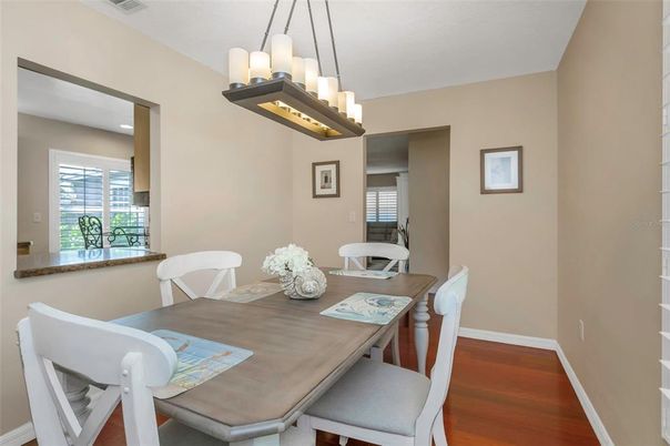 Dining room, Interior, Pendant Lights, Wood Texture Flooring