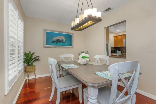 Dining room, Interior, Pendant Lights, Recessed Lighting, Wood Texture Flooring