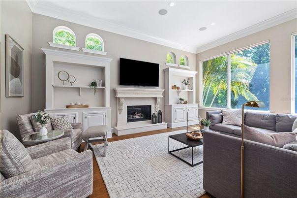 Fireplace, Interior, Living room, Recessed Lighting, Wood Texture Flooring