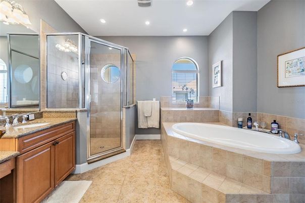Bathroom, Dual Sink Vanities, Glass Shower, Interior, Recessed Lighting