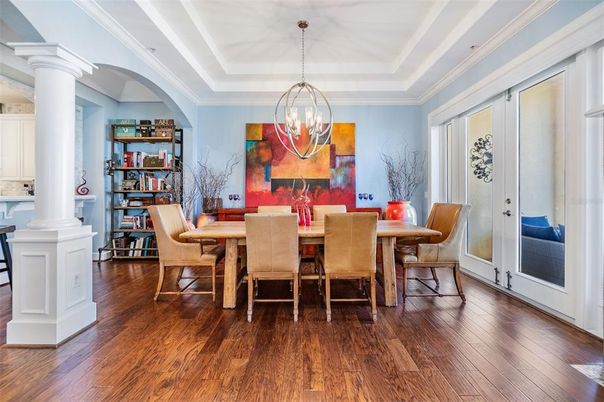 Chandelier, Dining room, Interior, Wood Texture Flooring