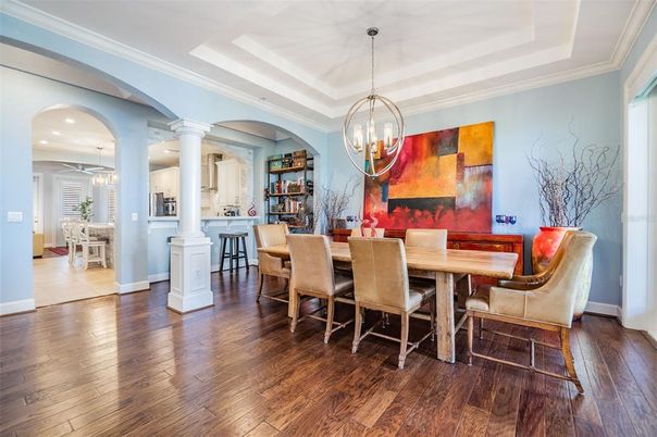 Chandelier, Dining room, Interior, Pendant Lights, Recessed Lighting, Wood Texture Flooring