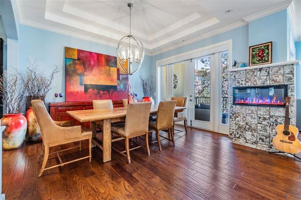 Dining room, Fireplace, Interior, Pendant Lights, Wood Texture Flooring