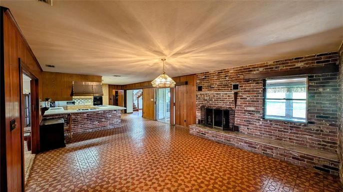 Fireplace, Interior, Kitchen, Pendant Lights, Stone Walls