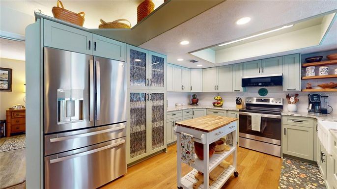 Interior, Kitchen, Recessed Lighting, Stainless Steel Appliances, Wood Texture Flooring