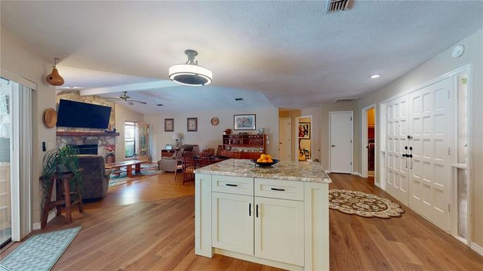 Fireplace, Interior, Living room, Recessed Lighting, Wood Texture Flooring