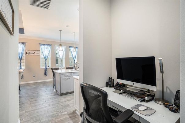Home Office, Interior, Pendant Lights, Wood Texture Flooring