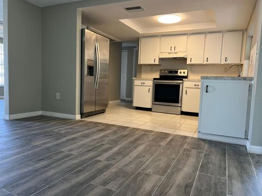 Interior, Kitchen, Stainless Steel Appliances, Wood Texture Flooring