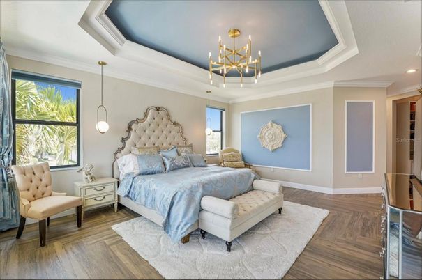 Bedroom, Interior, Pendant Lights, Recessed Lighting, Wood Texture Flooring