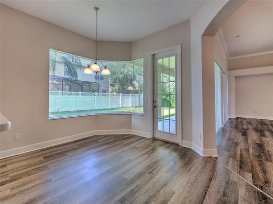 Chandelier, Empty room, Interior, Pendant Lights, Wood Texture Flooring