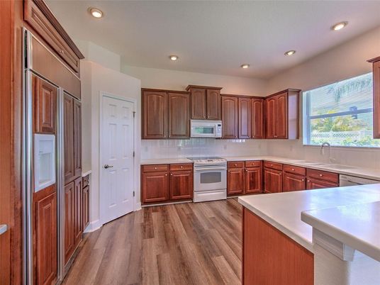 Interior, Kitchen, Recessed Lighting, Wood Texture Flooring