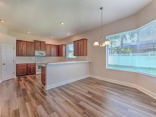 Interior, Kitchen, Pendant Lights, Recessed Lighting, Wood Texture Flooring