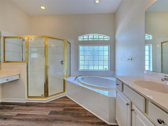Bathroom, Glass Shower, Interior, Recessed Lighting, Wood Texture Flooring