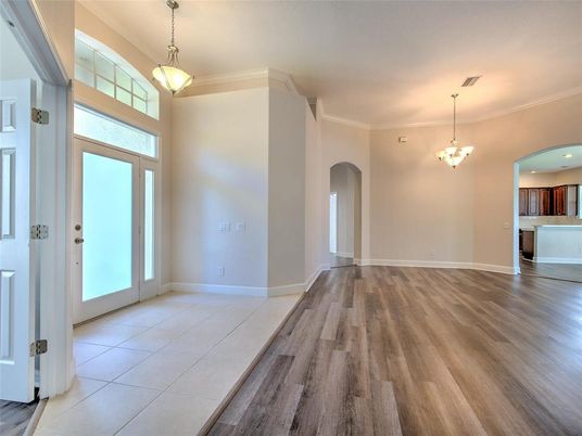 Chandelier, Empty room, Interior, Kitchen, Pendant Lights, Wood Texture Flooring