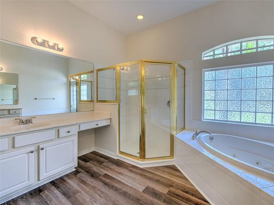 Bathroom, Glass Shower, Interior, Recessed Lighting, Wood Texture Flooring