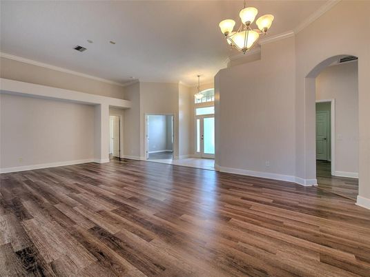 Chandelier, Empty room, Interior, Wood Texture Flooring