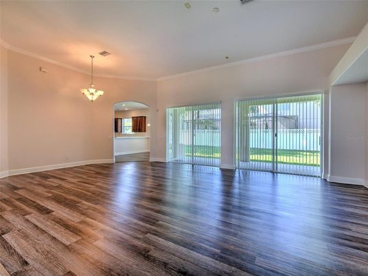 Chandelier, Empty room, Interior, Pendant Lights, Wood Texture Flooring