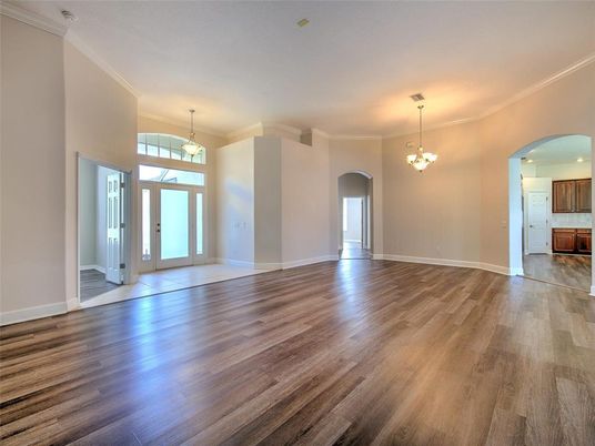 Chandelier, Empty room, Interior, Kitchen, Pendant Lights, Wood Texture Flooring