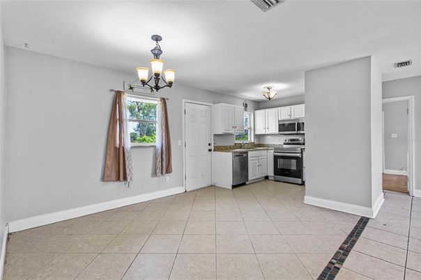 Chandelier, Interior, Kitchen, Stainless Steel Appliances