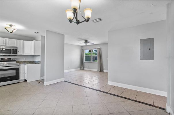 Chandelier, Empty room, Interior, Kitchen, Stainless Steel Appliances
