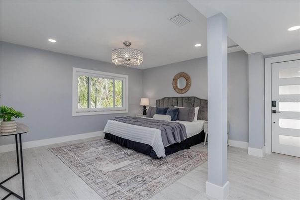 Bedroom, Chandelier, Interior, Recessed Lighting, Wood Texture Flooring