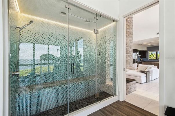 Bathroom, Glass Shower, Interior, Wood Texture Flooring