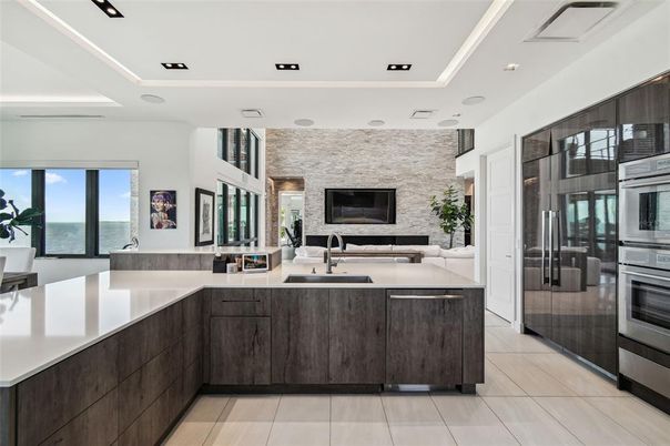 Interior, Kitchen, Recessed Lighting, Stainless Steel Appliances, Stone Walls, Water