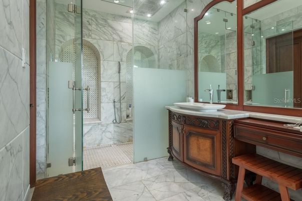Bathroom, Glass Shower, Interior, Marble, Marble Walls, Recessed Lighting