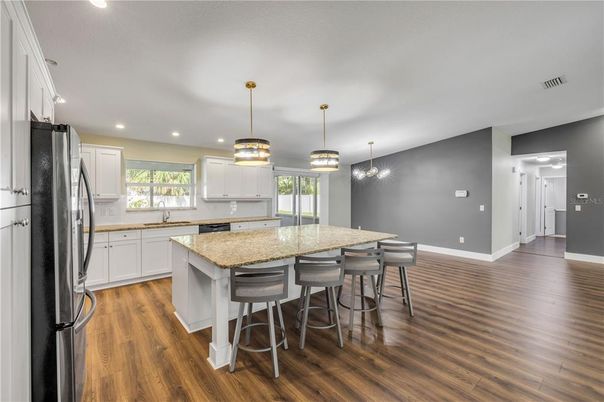 Interior, Kitchen, Pendant Lights, Recessed Lighting, Wood Texture Flooring