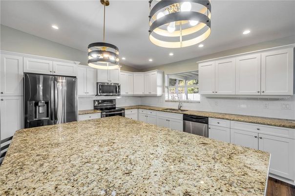 Interior, Kitchen, Pendant Lights, Recessed Lighting, Stainless Steel Appliances, Wood Texture Flooring