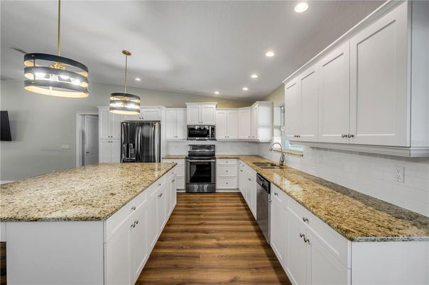 Interior, Kitchen, Pendant Lights, Recessed Lighting, Stainless Steel Appliances, Wood Texture Flooring