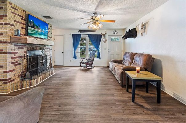 Fireplace, Interior, Living room, Stone Walls, Wood Texture Flooring