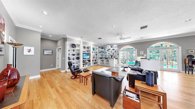 Interior, Living room, Recessed Lighting, Wood Texture Flooring