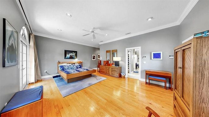 Bedroom, Interior, Recessed Lighting, Wood Texture Flooring