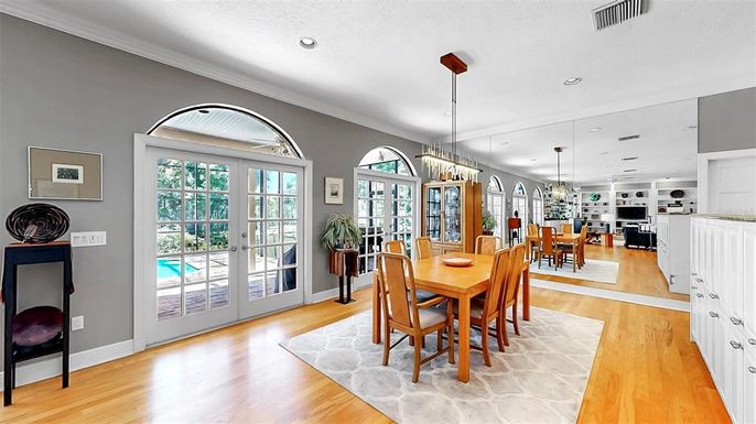 Dining room, Interior, Pendant Lights, Recessed Lighting, Wood Texture Flooring